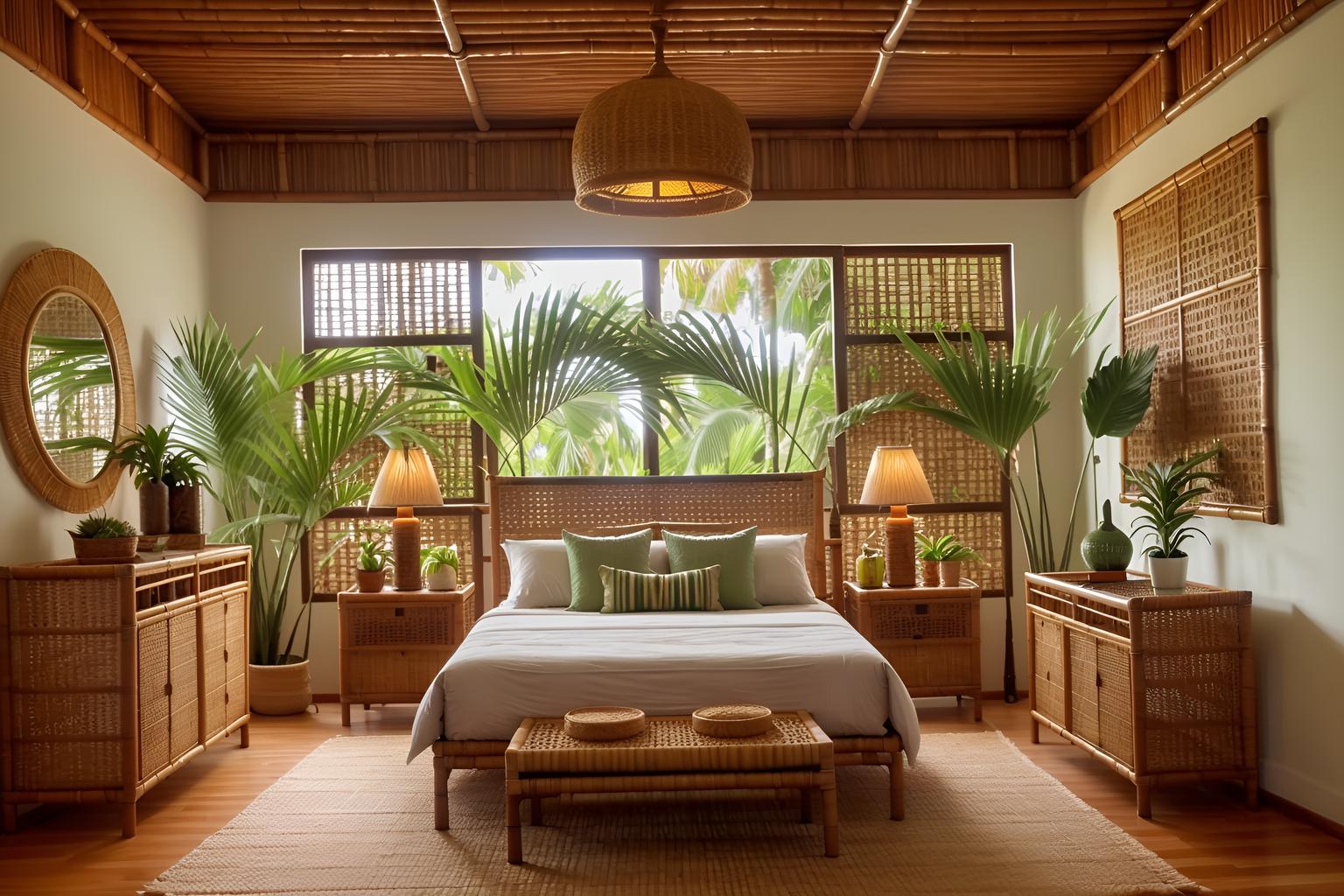 Tropical-style bedroom home interior With cane motifs and lattice prints and bamboo and rattan and palm trees and teak and wicker and palm leaves. With bed and headboard and bedside table or night stand and dresser closet and plant and storage bench or ottoman and accent chair and night light and mirror. Cinematic photo, highly detailed, cinematic lighting, ultra-detailed, ultrarealistic, photorealism, 8k. Tropical interior design style