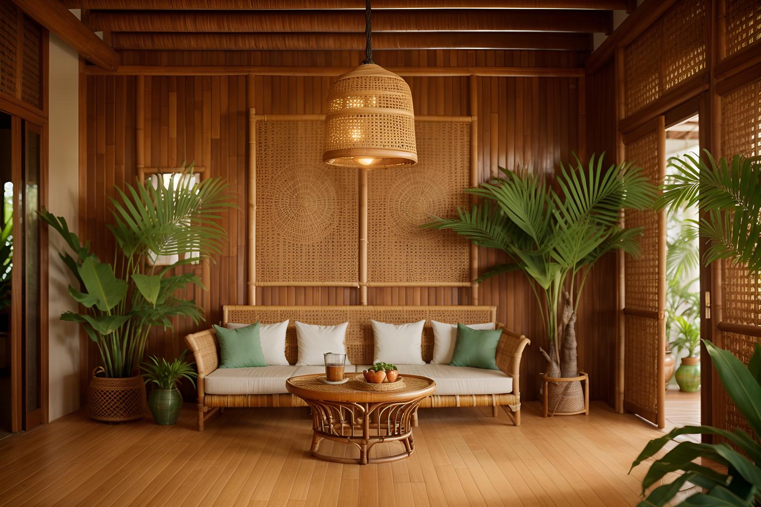 Tropical-style coffee shop home interior . With cane motifs and palm trees and palm leaves and rattan and lattice prints and wicker and bamboo and teak. . Cinematic photo, highly detailed, cinematic lighting, ultra-detailed, ultrarealistic, photorealism, 8k. Tropical interior design style