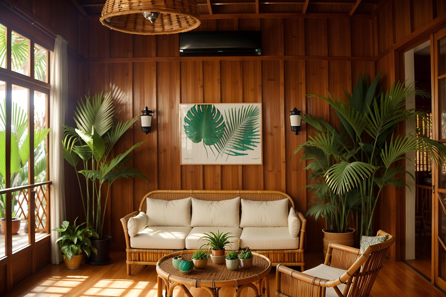 Tropical-style (coffee shop) home interior . With lattice prints and wicker and palm leaves and rattan and teak and bamboo and palm trees and cane motifs. . Cinematic photo, highly detailed, cinematic lighting, ultra-detailed, ultrarealistic, photorealism, 8k. Tropical interior design style