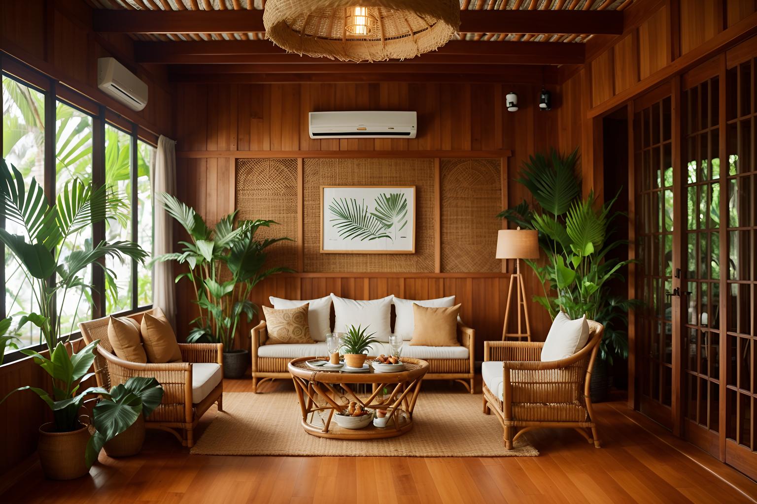 Tropical-style (coffee shop) home interior . With lattice prints and wicker and palm leaves and rattan and teak and bamboo and palm trees and cane motifs. . Cinematic photo, highly detailed, cinematic lighting, ultra-detailed, ultrarealistic, photorealism, 8k. Tropical interior design style