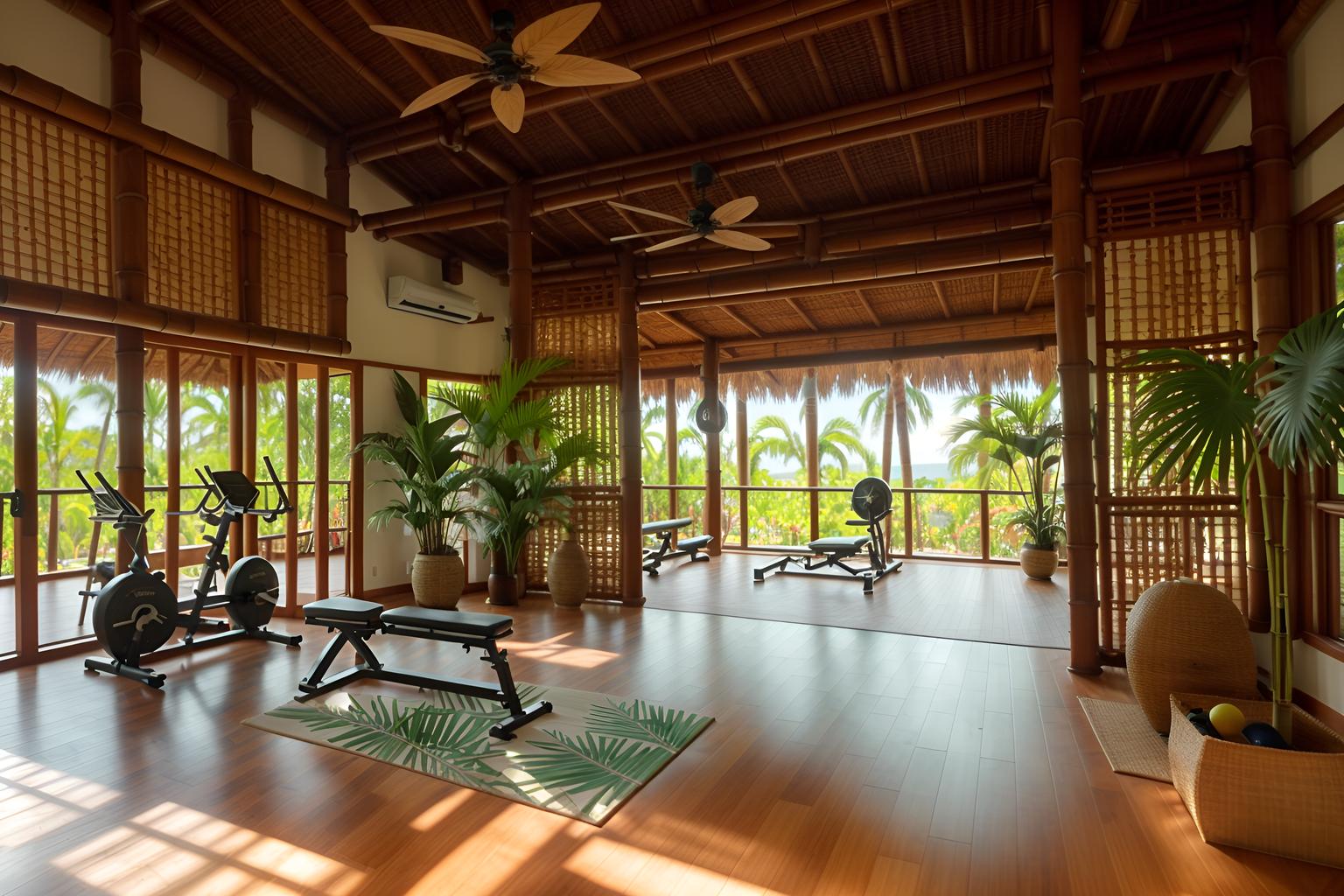 Tropical-style (gym) home interior With dumbbell stand and squat rack and exercise bicycle and crosstrainer and bench press and dumbbell stand. . With cane motifs and bamboo and palm leaves and wicker and lattice prints and palm trees and rattan and teak. . Cinematic photo, highly detailed, cinematic lighting, ultra-detailed, ultrarealistic, photorealism, 8k. Tropical interior design style