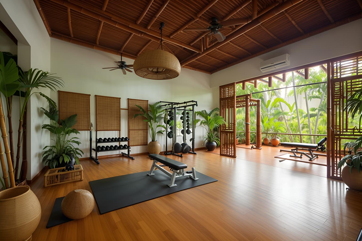 Tropical-style (gym) home interior With dumbbell stand and squat rack and exercise bicycle and crosstrainer and bench press and dumbbell stand. . With cane motifs and bamboo and palm leaves and wicker and lattice prints and palm trees and rattan and teak. . Cinematic photo, highly detailed, cinematic lighting, ultra-detailed, ultrarealistic, photorealism, 8k. Tropical interior design style