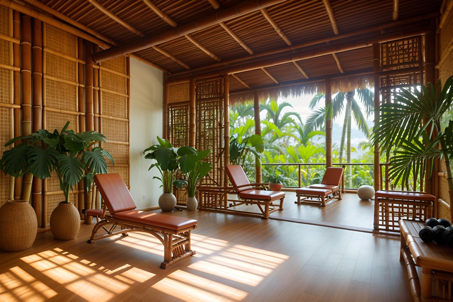 Tropical-style (gym) home interior With bench press and dumbbell stand and exercise bicycle and squat rack and crosstrainer and bench press. . With bamboo and teak and lattice prints and wicker and palm trees and cane motifs and palm leaves and rattan. . Cinematic photo, highly detailed, cinematic lighting, ultra-detailed, ultrarealistic, photorealism, 8k. Tropical interior design style