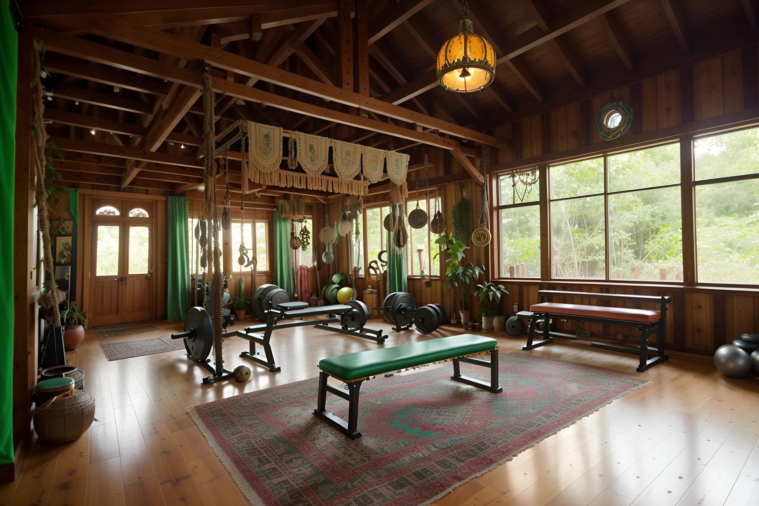 Bohemian-style (gym) home interior With bench press and squat rack and dumbbell stand and exercise bicycle and crosstrainer and bench press. . With lush green nature and playful colors and metals and animal hides and playful textures and woods and a lack of structure and travel trinkets. . Cinematic photo, highly detailed, cinematic lighting, ultra-detailed, ultrarealistic, photorealism, 8k. Bohemian interior design style