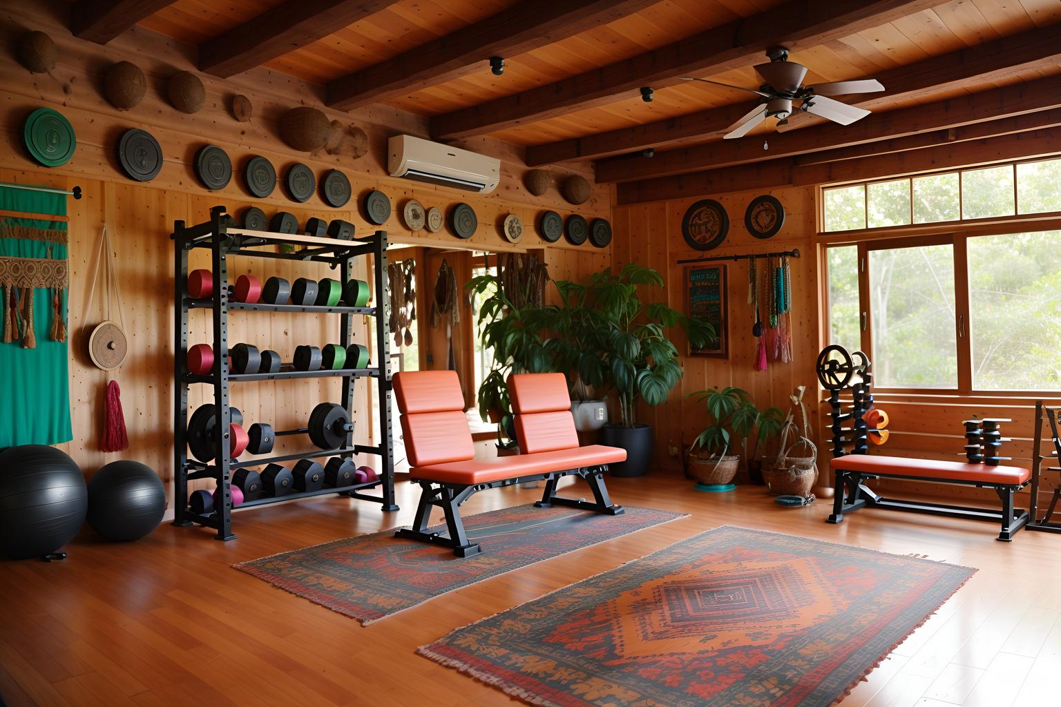 Bohemian-style (gym) home interior With crosstrainer and squat rack and exercise bicycle and bench press and dumbbell stand and crosstrainer. . With bold colors and playful colors and woods and mixed patterns and playful textures and travel trinkets and natural materials and a lack of structure. . Cinematic photo, highly detailed, cinematic lighting, ultra-detailed, ultrarealistic, photorealism, 8k. Bohemian interior design style