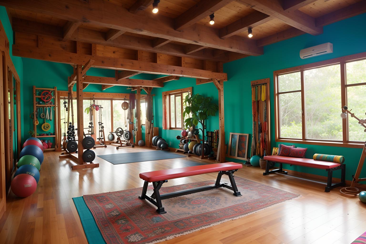 Bohemian-style (gym) home interior With crosstrainer and squat rack and exercise bicycle and bench press and dumbbell stand and crosstrainer. . With bold colors and playful colors and woods and mixed patterns and playful textures and travel trinkets and natural materials and a lack of structure. . Cinematic photo, highly detailed, cinematic lighting, ultra-detailed, ultrarealistic, photorealism, 8k. Bohemian interior design style