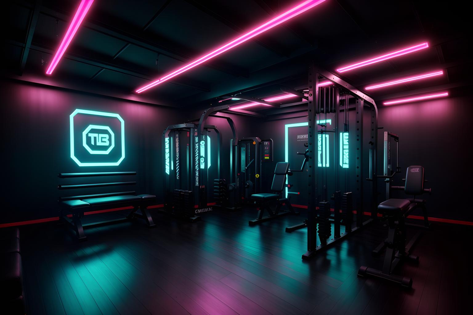 Cyberpunk-style (fitness gym interior) With dumbbell stand and crosstrainer and exercise bicycle and squat rack and bench press and dumbbell stand. . With bladerunner lights and synthwave and cyberpunk lights and synthetic objects and clean straight square lines and bladerunner style and strong geometric walls and black lights. . Cinematic photo, highly detailed, cinematic lighting, ultra-detailed, ultrarealistic, photorealism, 8k. Cyberpunk interior design style