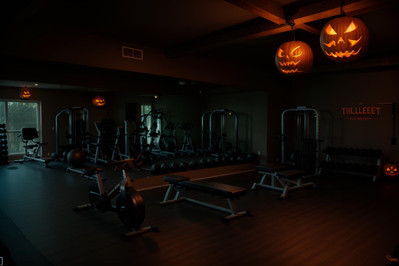 Halloween-style (fitness gym interior) With exercise bicycle and bench press and dumbbell stand and crosstrainer and squat rack and exercise bicycle. . With lanterns and human skulls and glowing pumpkins and cobwebs and spiderwebs and lanterns. . Cinematic photo, highly detailed, cinematic lighting, ultra-detailed, ultrarealistic, photorealism, 8k. Halloween interior design style