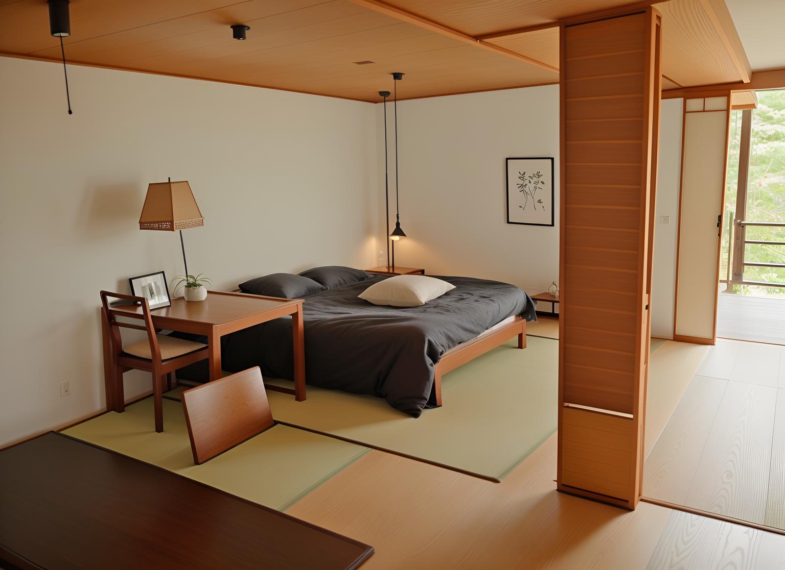 Zen-style (bedroom interior) With bedside table or night stand and mirror and headboard and accent chair and plant and night light and bed and storage bench or ottoman. . With natural light and Japanese minimalist interior and Japanese minimalist interior and serenity and harmony and natural textures and simple furniture and Asian zen interior and Japanese minimalist interior. . Cinematic photo, highly detailed, cinematic lighting, ultra-detailed, ultrarealistic, photorealism, 8k. Zen interior design style