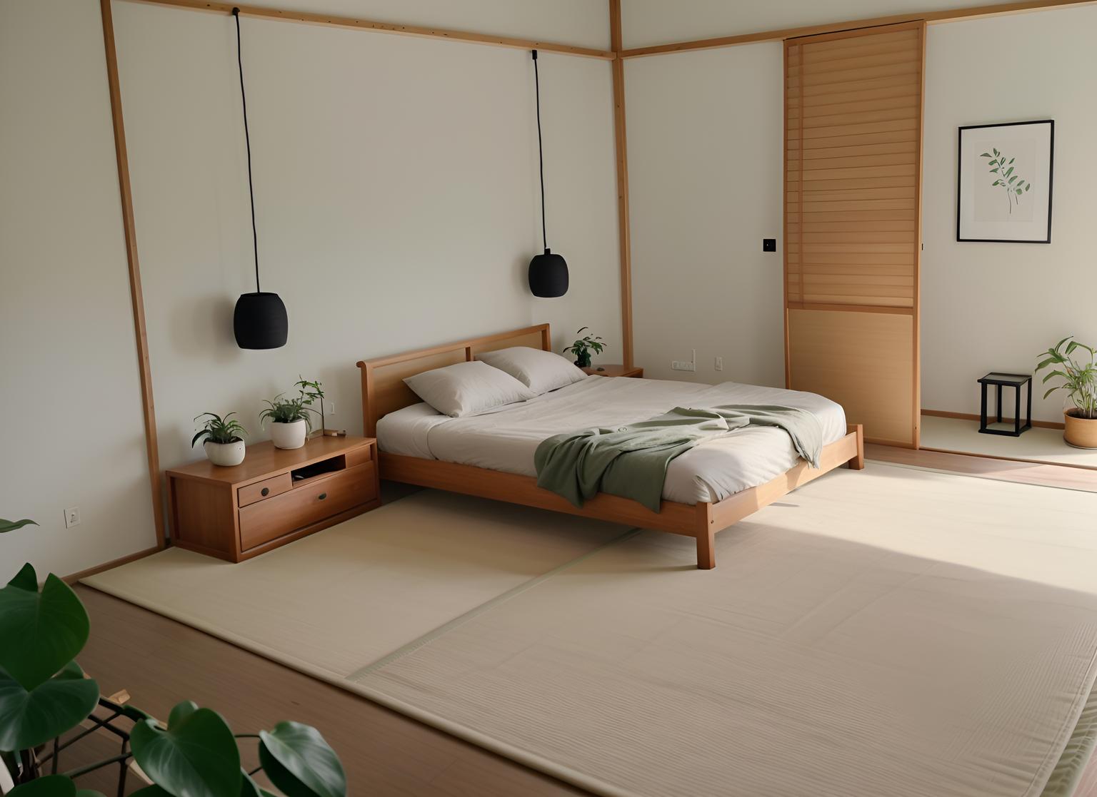 Zen-style (bedroom interior) With plant and bed and night light and accent chair and bedside table or night stand and mirror and storage bench or ottoman and headboard. . With clutter free and Japanese minimalist interior and natural light and simplicity and simple furniture and Asian zen interior and Asian zen interior and calm and neutral colors. . Cinematic photo, highly detailed, cinematic lighting, ultra-detailed, ultrarealistic, photorealism, 8k. Zen interior design style