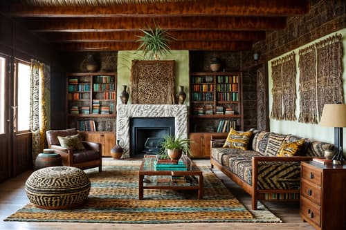 Photo from Pinterest of Tribal-style interior designed (living room interior) With bookshelves and occasional tables and televisions and electric lamps and rug and furniture and coffee tables and plant. . With animal prints and tribal patterns and intricate grass weaving and planks of stone and desert colours and hand dyed batik fabrics and exuberant splashes of colour and animal furslinen. . Cinematic photo, highly detailed, cinematic lighting, ultra-detailed, ultrarealistic, photorealism, 8k. Trending on Pinterest. Tribal interior design style