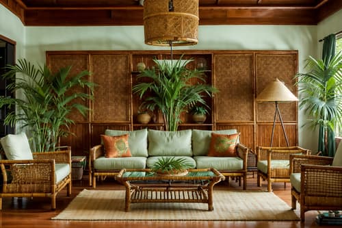 Photo from Pinterest of Tropical-style interior designed (living room interior) With televisions and electric lamps and coffee tables and furniture and occasional tables and rug and plant and bookshelves. . With teak and cane motifs and bamboo and palm leaves and lattice prints and palm trees and wicker and rattan. . Cinematic photo, highly detailed, cinematic lighting, ultra-detailed, ultrarealistic, photorealism, 8k. Trending on Pinterest. Tropical interior design style