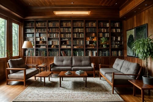 Photo from Pinterest of Biophilic-style interior designed (living room interior) With bookshelves and furniture and occasional tables and electric lamps and chairs and rug and sofa and plant. . With wood materials and images of nature and plants and features of nature and fresh air and features of the natural world and plants and Natural patterns. . Cinematic photo, highly detailed, cinematic lighting, ultra-detailed, ultrarealistic, photorealism, 8k. Trending on Pinterest. Biophilic interior design style