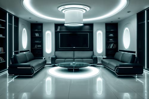 Photo from Pinterest of Futuristic-style interior designed (living room interior) With televisions and sofa and furniture and rug and plant and occasional tables and chairs and bookshelves. . With minimalist clean lines and circular shapes and spaceship interior and futurism minimalist interior and glass panes and light colors and futurism and futuristic interior. . Cinematic photo, highly detailed, cinematic lighting, ultra-detailed, ultrarealistic, photorealism, 8k. Trending on Pinterest. Futuristic interior design style