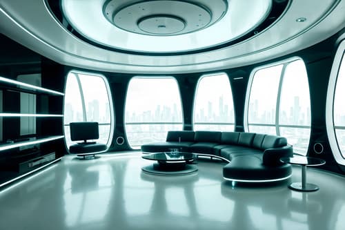 Photo from Pinterest of Futuristic-style interior designed (living room interior) With televisions and sofa and furniture and rug and plant and occasional tables and chairs and bookshelves. . With minimalist clean lines and circular shapes and spaceship interior and futurism minimalist interior and glass panes and light colors and futurism and futuristic interior. . Cinematic photo, highly detailed, cinematic lighting, ultra-detailed, ultrarealistic, photorealism, 8k. Trending on Pinterest. Futuristic interior design style