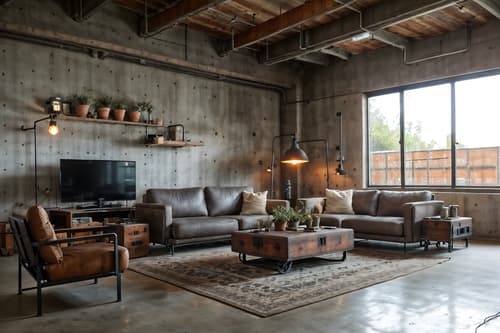 Photo from Pinterest of Industrial-style interior designed (living room interior) With furniture and electric lamps and coffee tables and occasional tables and plant and televisions and rug and chairs. . With exposed rafters and neutral tones and exposed concrete and factory style and utilitarian objects and reclaimed wood and metal panels and raw aesthetic. . Cinematic photo, highly detailed, cinematic lighting, ultra-detailed, ultrarealistic, photorealism, 8k. Trending on Pinterest. Industrial interior design style