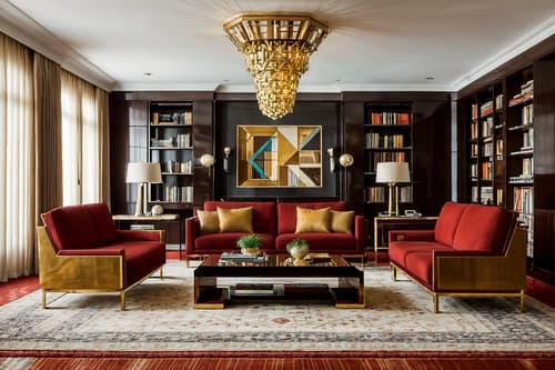 Photo from Pinterest of Art deco-style interior designed (living room interior) With rug and coffee tables and plant and furniture and bookshelves and occasional tables and televisions and sofa. . With rich colors and luxury and exuberant shapes and geometric lines and glamour and geometric shapes and angular shapes and decadent detail. . Cinematic photo, highly detailed, cinematic lighting, ultra-detailed, ultrarealistic, photorealism, 8k. Trending on Pinterest. Art deco interior design style