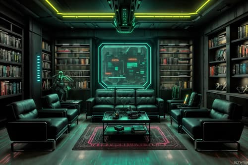 Photo from Pinterest of Cyberpunk-style interior designed (living room interior) With bookshelves and chairs and plant and coffee tables and furniture and occasional tables and sofa and rug. . With futuristic cybernetic details and synthetic objects and color lights glow and military uniforms and gear and clean straight square lines and bladerunner lights and cyberpunk style and cyberpunk lights. . Cinematic photo, highly detailed, cinematic lighting, ultra-detailed, ultrarealistic, photorealism, 8k. Trending on Pinterest. Cyberpunk interior design style