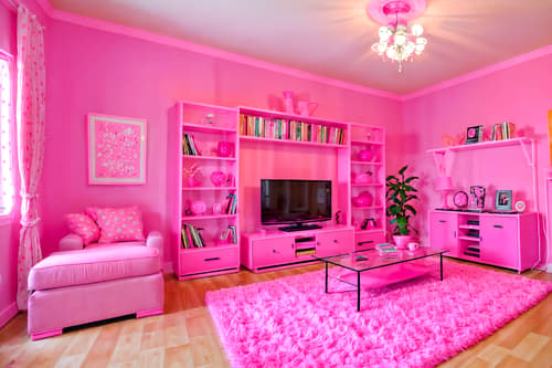 Photo from Pinterest of Hot pink-style interior designed (living room interior) With televisions and furniture and chairs and coffee tables and plant and bookshelves and electric lamps and rug. . With Barbie sofa and Barbie style interior and hot pink Barbie colors and hot pink Barbie walls and Barbie chairs and Barbie bold rosy hues like fuchsia and magenta and Barbie closet and Barbie plastic interior. . Cinematic photo, highly detailed, cinematic lighting, ultra-detailed, ultrarealistic, photorealism, 8k. Trending on Pinterest. Hot pink interior design style