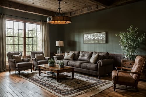 Photo from Pinterest of Farmhouse-style interior designed (living room interior) With furniture and electric lamps and plant and rug and occasional tables and televisions and chairs and coffee tables. . With . . Cinematic photo, highly detailed, cinematic lighting, ultra-detailed, ultrarealistic, photorealism, 8k. Trending on Pinterest. Farmhouse interior design style