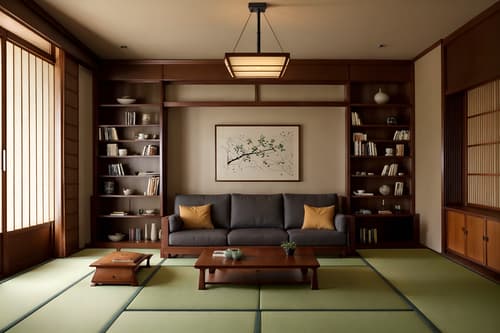 Photo from Pinterest of Japanese design-style interior designed (living room interior) With sofa and bookshelves and electric lamps and occasional tables and coffee tables and plant and chairs and furniture. . With . . Cinematic photo, highly detailed, cinematic lighting, ultra-detailed, ultrarealistic, photorealism, 8k. Trending on Pinterest. Japanese design interior design style