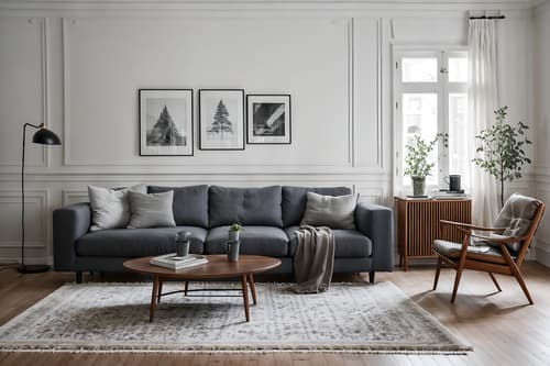 Photo from Pinterest of Scandinavian-style interior designed (living room interior) With furniture and sofa and coffee tables and electric lamps and rug and bookshelves and occasional tables and chairs. . With . . Cinematic photo, highly detailed, cinematic lighting, ultra-detailed, ultrarealistic, photorealism, 8k. Trending on Pinterest. Scandinavian interior design style
