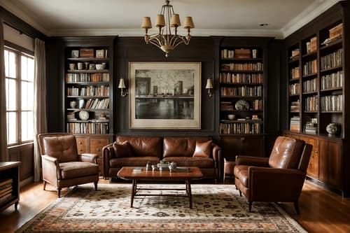 Photo from Pinterest of Vintage-style interior designed (living room interior) With occasional tables and chairs and rug and bookshelves and furniture and televisions and coffee tables and sofa. . With . . Cinematic photo, highly detailed, cinematic lighting, ultra-detailed, ultrarealistic, photorealism, 8k. Trending on Pinterest. Vintage interior design style