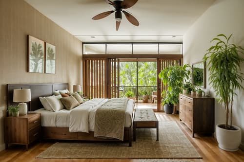 Photo from Pinterest of Biophilic-style interior designed (bedroom interior) With accent chair and bed and headboard and bedside table or night stand and dresser closet and night light and plant and storage bench or ottoman. . With plants and earthy colors and ceramic materials and Environmental features and Natural patterns and natural elements and images of animals and natural environment. . Cinematic photo, highly detailed, cinematic lighting, ultra-detailed, ultrarealistic, photorealism, 8k. Trending on Pinterest. Biophilic interior design style
