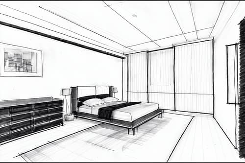 (Hand-drawn monochrome black and white sketch line drawing)++ of Sketch-style interior designed (bedroom) apartment interior. A sketch of interior. With . A sketch of interior. With bed and night light and mirror. Trending on Artstation. Black and white line drawing sketch without colors.