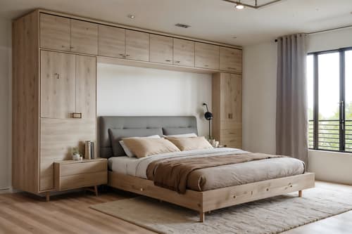 Photo from Pinterest of Modern-style interior designed (bedroom interior) With plant and mirror and headboard and night light and bedside table or night stand and storage bench or ottoman and accent chair and dresser closet. . With Neutral Walls and Textures and Natural Materials and Elements and Simple, Clean Lines and Simplistic Furniture and Open and Natural Lighting and Practicality and Functionality and Neutral Walls and Textures. . Cinematic photo, highly detailed, cinematic lighting, ultra-detailed, ultrarealistic, photorealism, 8k. Trending on Pinterest. Modern interior design style