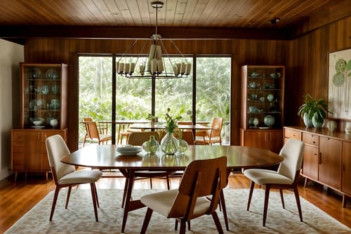 Photo from Pinterest of Midcentury modern-style interior designed (dining room interior) With dining table chairs and table cloth and vase and light or chandelier and bookshelves and plant and plates, cutlery and glasses on dining table and dining table. . With integrating indoor and outdoor motifs and wood pendant light mid century modern chandelier and clean lines and natural and manmade materials and function over form and nature indoors and graphic shapes and mid century modern mobile chandelier. . Cinematic photo, highly detailed, cinematic lighting, ultra-detailed, ultrarealistic, photorealism, 8k. Trending on Pinterest. Midcentury modern interior design style