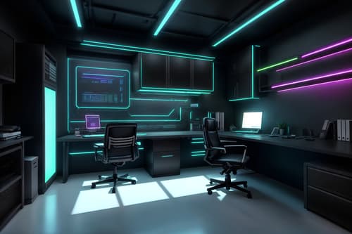 Photo from Pinterest of Cyberpunk-style interior designed (home office interior) With cabinets and office chair and computer desk and plant and desk lamp and cabinets. . With minimalist and led lights and synthetic objects and strong geometric walls and cyberpunk lights and black lights and color lights glow and clean straight square lines. . Cinematic photo, highly detailed, cinematic lighting, ultra-detailed, ultrarealistic, photorealism, 8k. Trending on Pinterest. Cyberpunk interior design style