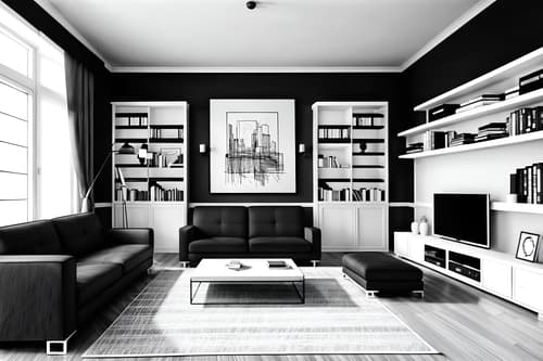 (hand-drawn monochrome black and white sketch line drawing)++ of sketch-style interior designed (living room) apartment interior. a sketch of interior. with . a sketch of interior. with bookshelves and televisions and coffee tables. trending on artstation. black and white line drawing sketch without colors. masterpiece, cinematic light, ultrarealistic+, photorealistic+, 8k, raw photo, realistic, sharp focus on eyes, (symmetrical eyes), (intact eyes), hyperrealistic, highest quality, best quality, , highly detailed, masterpiece, best quality, extremely detailed 8k wallpaper, masterpiece, best quality, ultra-detailed, best shadow, detailed background, detailed face, detailed eyes, high contrast, best illumination, detailed face, dulux, caustic, dynamic angle, detailed glow. dramatic lighting. highly detailed, insanely detailed hair, symmetrical, intricate details, professionally retouched, 8k high definition. strong bokeh. award winning photo.