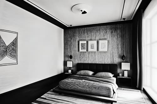 (hand-drawn monochrome black and white sketch line drawing)++ of sketch-style interior designed (bedroom) apartment interior. a sketch of interior. with . a sketch of interior. with headboard and bed and night light. trending on artstation. black and white line drawing sketch without colors. masterpiece, cinematic light, ultrarealistic+, photorealistic+, 8k, raw photo, realistic, sharp focus on eyes, (symmetrical eyes), (intact eyes), hyperrealistic, highest quality, best quality, , highly detailed, masterpiece, best quality, extremely detailed 8k wallpaper, masterpiece, best quality, ultra-detailed, best shadow, detailed background, detailed face, detailed eyes, high contrast, best illumination, detailed face, dulux, caustic, dynamic angle, detailed glow. dramatic lighting. highly detailed, insanely detailed hair, symmetrical, intricate details, professionally retouched, 8k high definition. strong bokeh. award winning photo.