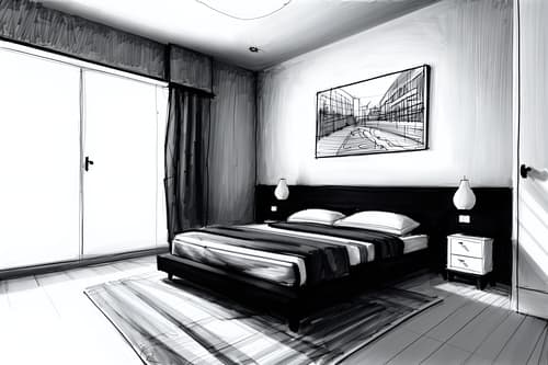 (hand-drawn monochrome black and white sketch line drawing)++ of sketch-style interior designed (bedroom) apartment interior. a sketch of interior. with . a sketch of interior. with headboard and bed and night light. trending on artstation. black and white line drawing sketch without colors. masterpiece, cinematic light, ultrarealistic+, photorealistic+, 8k, raw photo, realistic, sharp focus on eyes, (symmetrical eyes), (intact eyes), hyperrealistic, highest quality, best quality, , highly detailed, masterpiece, best quality, extremely detailed 8k wallpaper, masterpiece, best quality, ultra-detailed, best shadow, detailed background, detailed face, detailed eyes, high contrast, best illumination, detailed face, dulux, caustic, dynamic angle, detailed glow. dramatic lighting. highly detailed, insanely detailed hair, symmetrical, intricate details, professionally retouched, 8k high definition. strong bokeh. award winning photo.