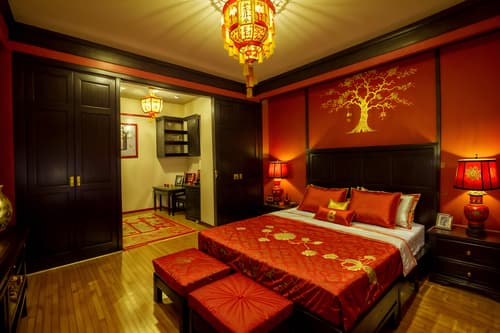 photo from pinterest of chinese new year-style interior designed (bedroom interior) with bedside table or night stand and headboard and bed and accent chair and storage bench or ottoman and night light and mirror and dresser closet. . with red and gold tassels and red and gold candles and chinese red lanterns and door couplets and orange trees and money tree and kumquat trees and gold ingots. . cinematic photo, highly detailed, cinematic lighting, ultra-detailed, ultrarealistic, photorealism, 8k. trending on pinterest. chinese new year interior design style. masterpiece, cinematic light, ultrarealistic+, photorealistic+, 8k, raw photo, realistic, sharp focus on eyes, (symmetrical eyes), (intact eyes), hyperrealistic, highest quality, best quality, , highly detailed, masterpiece, best quality, extremely detailed 8k wallpaper, masterpiece, best quality, ultra-detailed, best shadow, detailed background, detailed face, detailed eyes, high contrast, best illumination, detailed face, dulux, caustic, dynamic angle, detailed glow. dramatic lighting. highly detailed, insanely detailed hair, symmetrical, intricate details, professionally retouched, 8k high definition. strong bokeh. award winning photo.