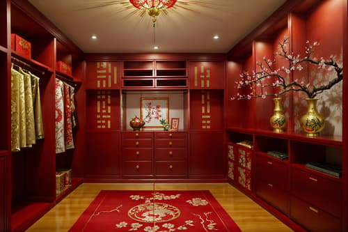 photo from pinterest of chinese new year-style interior designed (walk in closet interior) . with mei hwa flowers and zodiac calendar and fai chun banners and money tree and paper firecrackers and paper cuttings and vases of plum blossoms and orchids and red and gold candles. . cinematic photo, highly detailed, cinematic lighting, ultra-detailed, ultrarealistic, photorealism, 8k. trending on pinterest. chinese new year interior design style. masterpiece, cinematic light, ultrarealistic+, photorealistic+, 8k, raw photo, realistic, sharp focus on eyes, (symmetrical eyes), (intact eyes), hyperrealistic, highest quality, best quality, , highly detailed, masterpiece, best quality, extremely detailed 8k wallpaper, masterpiece, best quality, ultra-detailed, best shadow, detailed background, detailed face, detailed eyes, high contrast, best illumination, detailed face, dulux, caustic, dynamic angle, detailed glow. dramatic lighting. highly detailed, insanely detailed hair, symmetrical, intricate details, professionally retouched, 8k high definition. strong bokeh. award winning photo.