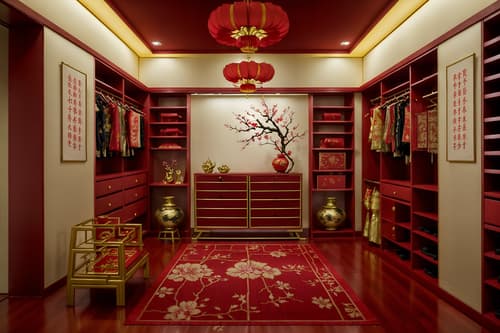 photo from pinterest of chinese new year-style interior designed (walk in closet interior) . with mei hwa flowers and zodiac calendar and fai chun banners and money tree and paper firecrackers and paper cuttings and vases of plum blossoms and orchids and red and gold candles. . cinematic photo, highly detailed, cinematic lighting, ultra-detailed, ultrarealistic, photorealism, 8k. trending on pinterest. chinese new year interior design style. masterpiece, cinematic light, ultrarealistic+, photorealistic+, 8k, raw photo, realistic, sharp focus on eyes, (symmetrical eyes), (intact eyes), hyperrealistic, highest quality, best quality, , highly detailed, masterpiece, best quality, extremely detailed 8k wallpaper, masterpiece, best quality, ultra-detailed, best shadow, detailed background, detailed face, detailed eyes, high contrast, best illumination, detailed face, dulux, caustic, dynamic angle, detailed glow. dramatic lighting. highly detailed, insanely detailed hair, symmetrical, intricate details, professionally retouched, 8k high definition. strong bokeh. award winning photo.