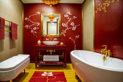 photo from pinterest of chinese new year-style interior designed (bathroom interior) with bathroom sink with faucet and toilet seat and bathtub and bath towel and bath rail and plant and shower and mirror. . with kumquat trees and vases of plum blossoms and orchids and money tree and mei hwa flowers and gold ingots and red fabric & pillows and zodiac calendar and paper cuttings. . cinematic photo, highly detailed, cinematic lighting, ultra-detailed, ultrarealistic, photorealism, 8k. trending on pinterest. chinese new year interior design style. masterpiece, cinematic light, ultrarealistic+, photorealistic+, 8k, raw photo, realistic, sharp focus on eyes, (symmetrical eyes), (intact eyes), hyperrealistic, highest quality, best quality, , highly detailed, masterpiece, best quality, extremely detailed 8k wallpaper, masterpiece, best quality, ultra-detailed, best shadow, detailed background, detailed face, detailed eyes, high contrast, best illumination, detailed face, dulux, caustic, dynamic angle, detailed glow. dramatic lighting. highly detailed, insanely detailed hair, symmetrical, intricate details, professionally retouched, 8k high definition. strong bokeh. award winning photo.