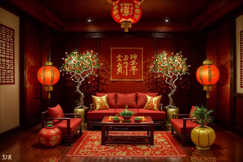 photo from pinterest of chinese new year-style interior designed (exhibition space interior) . with money tree and mei hwa flowers and kumquat trees and orange trees and zodiac calendar and chinese red lanterns and chinese knots and red fabric & pillows. . cinematic photo, highly detailed, cinematic lighting, ultra-detailed, ultrarealistic, photorealism, 8k. trending on pinterest. chinese new year interior design style. masterpiece, cinematic light, ultrarealistic+, photorealistic+, 8k, raw photo, realistic, sharp focus on eyes, (symmetrical eyes), (intact eyes), hyperrealistic, highest quality, best quality, , highly detailed, masterpiece, best quality, extremely detailed 8k wallpaper, masterpiece, best quality, ultra-detailed, best shadow, detailed background, detailed face, detailed eyes, high contrast, best illumination, detailed face, dulux, caustic, dynamic angle, detailed glow. dramatic lighting. highly detailed, insanely detailed hair, symmetrical, intricate details, professionally retouched, 8k high definition. strong bokeh. award winning photo.