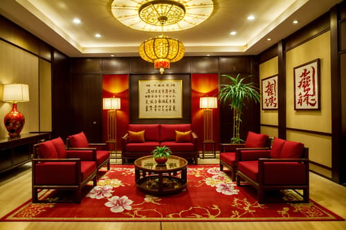 photo from pinterest of chinese new year-style interior designed (hotel lobby interior) with plant and sofas and coffee tables and rug and lounge chairs and check in desk and hanging lamps and furniture. . with vases of plum blossoms and orchids and paper cuttings and zodiac calendar and door couplets and red and gold tassels and paper firecrackers and red and gold candles and mei hwa flowers. . cinematic photo, highly detailed, cinematic lighting, ultra-detailed, ultrarealistic, photorealism, 8k. trending on pinterest. chinese new year interior design style. masterpiece, cinematic light, ultrarealistic+, photorealistic+, 8k, raw photo, realistic, sharp focus on eyes, (symmetrical eyes), (intact eyes), hyperrealistic, highest quality, best quality, , highly detailed, masterpiece, best quality, extremely detailed 8k wallpaper, masterpiece, best quality, ultra-detailed, best shadow, detailed background, detailed face, detailed eyes, high contrast, best illumination, detailed face, dulux, caustic, dynamic angle, detailed glow. dramatic lighting. highly detailed, insanely detailed hair, symmetrical, intricate details, professionally retouched, 8k high definition. strong bokeh. award winning photo.