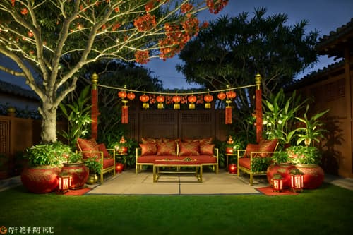 photo from pinterest of chinese new year-style designed (outdoor garden ) with garden plants and grass and garden tree and garden plants. . with money tree and orange trees and red and gold candles and red fabric & pillows and red and gold tassels and vases of plum blossoms and orchids and mei hwa flowers and zodiac calendar. . cinematic photo, highly detailed, cinematic lighting, ultra-detailed, ultrarealistic, photorealism, 8k. trending on pinterest. chinese new year design style. masterpiece, cinematic light, ultrarealistic+, photorealistic+, 8k, raw photo, realistic, sharp focus on eyes, (symmetrical eyes), (intact eyes), hyperrealistic, highest quality, best quality, , highly detailed, masterpiece, best quality, extremely detailed 8k wallpaper, masterpiece, best quality, ultra-detailed, best shadow, detailed background, detailed face, detailed eyes, high contrast, best illumination, detailed face, dulux, caustic, dynamic angle, detailed glow. dramatic lighting. highly detailed, insanely detailed hair, symmetrical, intricate details, professionally retouched, 8k high definition. strong bokeh. award winning photo.