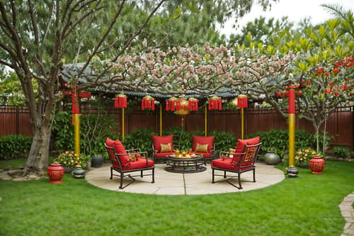 photo from pinterest of chinese new year-style designed (outdoor patio ) with barbeque or grill and plant and grass and deck with deck chairs and patio couch with pillows and barbeque or grill. . with red and gold tassels and chinese knots and money tree and vases of plum blossoms and orchids and mei hwa flowers and paper cuttings and red and gold candles and zodiac calendar. . cinematic photo, highly detailed, cinematic lighting, ultra-detailed, ultrarealistic, photorealism, 8k. trending on pinterest. chinese new year design style. masterpiece, cinematic light, ultrarealistic+, photorealistic+, 8k, raw photo, realistic, sharp focus on eyes, (symmetrical eyes), (intact eyes), hyperrealistic, highest quality, best quality, , highly detailed, masterpiece, best quality, extremely detailed 8k wallpaper, masterpiece, best quality, ultra-detailed, best shadow, detailed background, detailed face, detailed eyes, high contrast, best illumination, detailed face, dulux, caustic, dynamic angle, detailed glow. dramatic lighting. highly detailed, insanely detailed hair, symmetrical, intricate details, professionally retouched, 8k high definition. strong bokeh. award winning photo.