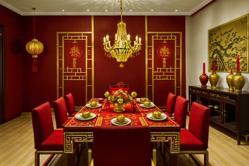 photo from pinterest of chinese new year-style interior designed (dining room interior) with painting or photo on wall and plant and vase and dining table chairs and dining table and light or chandelier and table cloth and plates, cutlery and glasses on dining table. . with fai chun banners and red and gold candles and red and gold tassels and red fabric & pillows and gold ingots and door couplets and kumquat trees and chinese knots. . cinematic photo, highly detailed, cinematic lighting, ultra-detailed, ultrarealistic, photorealism, 8k. trending on pinterest. chinese new year interior design style. masterpiece, cinematic light, ultrarealistic+, photorealistic+, 8k, raw photo, realistic, sharp focus on eyes, (symmetrical eyes), (intact eyes), hyperrealistic, highest quality, best quality, , highly detailed, masterpiece, best quality, extremely detailed 8k wallpaper, masterpiece, best quality, ultra-detailed, best shadow, detailed background, detailed face, detailed eyes, high contrast, best illumination, detailed face, dulux, caustic, dynamic angle, detailed glow. dramatic lighting. highly detailed, insanely detailed hair, symmetrical, intricate details, professionally retouched, 8k high definition. strong bokeh. award winning photo.