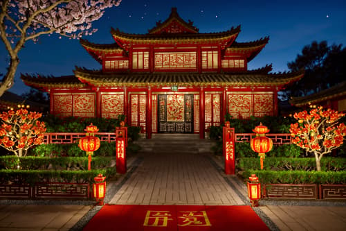 photo from pinterest of chinese new year-style exterior designed (house exterior exterior) . with red and gold candles and orange trees and zodiac calendar and vases of plum blossoms and orchids and chinese red lanterns and door couplets and red and gold tassels and kumquat trees. . cinematic photo, highly detailed, cinematic lighting, ultra-detailed, ultrarealistic, photorealism, 8k. trending on pinterest. chinese new year exterior design style. masterpiece, cinematic light, ultrarealistic+, photorealistic+, 8k, raw photo, realistic, sharp focus on eyes, (symmetrical eyes), (intact eyes), hyperrealistic, highest quality, best quality, , highly detailed, masterpiece, best quality, extremely detailed 8k wallpaper, masterpiece, best quality, ultra-detailed, best shadow, detailed background, detailed face, detailed eyes, high contrast, best illumination, detailed face, dulux, caustic, dynamic angle, detailed glow. dramatic lighting. highly detailed, insanely detailed hair, symmetrical, intricate details, professionally retouched, 8k high definition. strong bokeh. award winning photo.