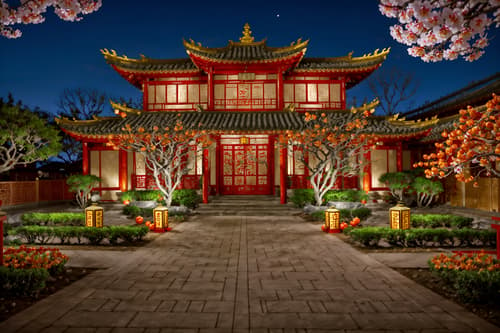 photo from pinterest of chinese new year-style exterior designed (house exterior exterior) . with red and gold candles and orange trees and zodiac calendar and vases of plum blossoms and orchids and chinese red lanterns and door couplets and red and gold tassels and kumquat trees. . cinematic photo, highly detailed, cinematic lighting, ultra-detailed, ultrarealistic, photorealism, 8k. trending on pinterest. chinese new year exterior design style. masterpiece, cinematic light, ultrarealistic+, photorealistic+, 8k, raw photo, realistic, sharp focus on eyes, (symmetrical eyes), (intact eyes), hyperrealistic, highest quality, best quality, , highly detailed, masterpiece, best quality, extremely detailed 8k wallpaper, masterpiece, best quality, ultra-detailed, best shadow, detailed background, detailed face, detailed eyes, high contrast, best illumination, detailed face, dulux, caustic, dynamic angle, detailed glow. dramatic lighting. highly detailed, insanely detailed hair, symmetrical, intricate details, professionally retouched, 8k high definition. strong bokeh. award winning photo.