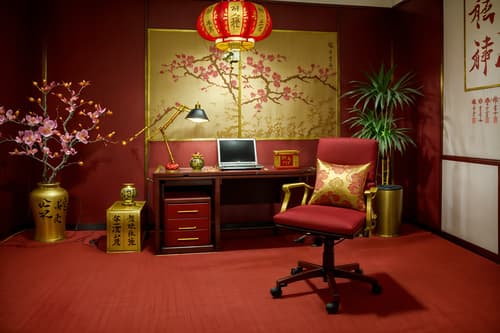 photo from pinterest of chinese new year-style interior designed (home office interior) with office chair and desk lamp and computer desk and cabinets and plant and office chair. . with fai chun banners and paper cuttings and mei hwa flowers and zodiac calendar and vases of plum blossoms and orchids and red and gold candles and gold ingots and chinese red lanterns. . cinematic photo, highly detailed, cinematic lighting, ultra-detailed, ultrarealistic, photorealism, 8k. trending on pinterest. chinese new year interior design style. masterpiece, cinematic light, ultrarealistic+, photorealistic+, 8k, raw photo, realistic, sharp focus on eyes, (symmetrical eyes), (intact eyes), hyperrealistic, highest quality, best quality, , highly detailed, masterpiece, best quality, extremely detailed 8k wallpaper, masterpiece, best quality, ultra-detailed, best shadow, detailed background, detailed face, detailed eyes, high contrast, best illumination, detailed face, dulux, caustic, dynamic angle, detailed glow. dramatic lighting. highly detailed, insanely detailed hair, symmetrical, intricate details, professionally retouched, 8k high definition. strong bokeh. award winning photo.