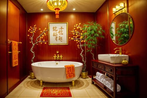 photo from pinterest of chinese new year-style interior designed (hotel bathroom interior) with waste basket and bathroom sink with faucet and shower and bathroom cabinet and bathtub and plant and toilet seat and mirror. . with red and gold candles and chinese knots and kumquat trees and zodiac calendar and vases of plum blossoms and orchids and orange trees and gold ingots and money tree. . cinematic photo, highly detailed, cinematic lighting, ultra-detailed, ultrarealistic, photorealism, 8k. trending on pinterest. chinese new year interior design style. masterpiece, cinematic light, ultrarealistic+, photorealistic+, 8k, raw photo, realistic, sharp focus on eyes, (symmetrical eyes), (intact eyes), hyperrealistic, highest quality, best quality, , highly detailed, masterpiece, best quality, extremely detailed 8k wallpaper, masterpiece, best quality, ultra-detailed, best shadow, detailed background, detailed face, detailed eyes, high contrast, best illumination, detailed face, dulux, caustic, dynamic angle, detailed glow. dramatic lighting. highly detailed, insanely detailed hair, symmetrical, intricate details, professionally retouched, 8k high definition. strong bokeh. award winning photo.