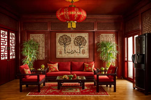 photo from pinterest of chinese new year-style interior designed (kitchen living combo interior) with televisions and refrigerator and furniture and plant and coffee tables and rug and occasional tables and chairs. . with money tree and red fabric & pillows and paper firecrackers and chinese knots and chinese red lanterns and door couplets and kumquat trees and zodiac calendar. . cinematic photo, highly detailed, cinematic lighting, ultra-detailed, ultrarealistic, photorealism, 8k. trending on pinterest. chinese new year interior design style. masterpiece, cinematic light, ultrarealistic+, photorealistic+, 8k, raw photo, realistic, sharp focus on eyes, (symmetrical eyes), (intact eyes), hyperrealistic, highest quality, best quality, , highly detailed, masterpiece, best quality, extremely detailed 8k wallpaper, masterpiece, best quality, ultra-detailed, best shadow, detailed background, detailed face, detailed eyes, high contrast, best illumination, detailed face, dulux, caustic, dynamic angle, detailed glow. dramatic lighting. highly detailed, insanely detailed hair, symmetrical, intricate details, professionally retouched, 8k high definition. strong bokeh. award winning photo.
