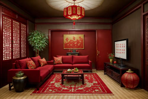 photo from pinterest of chinese new year-style interior designed (kitchen living combo interior) with televisions and refrigerator and furniture and plant and coffee tables and rug and occasional tables and chairs. . with money tree and red fabric & pillows and paper firecrackers and chinese knots and chinese red lanterns and door couplets and kumquat trees and zodiac calendar. . cinematic photo, highly detailed, cinematic lighting, ultra-detailed, ultrarealistic, photorealism, 8k. trending on pinterest. chinese new year interior design style. masterpiece, cinematic light, ultrarealistic+, photorealistic+, 8k, raw photo, realistic, sharp focus on eyes, (symmetrical eyes), (intact eyes), hyperrealistic, highest quality, best quality, , highly detailed, masterpiece, best quality, extremely detailed 8k wallpaper, masterpiece, best quality, ultra-detailed, best shadow, detailed background, detailed face, detailed eyes, high contrast, best illumination, detailed face, dulux, caustic, dynamic angle, detailed glow. dramatic lighting. highly detailed, insanely detailed hair, symmetrical, intricate details, professionally retouched, 8k high definition. strong bokeh. award winning photo.